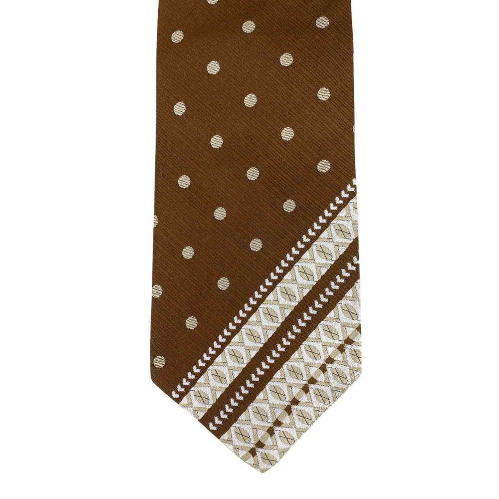 VTG Mazalo Mens Tie Brown Polka Dot Geometric Mod Rockabilly Embroidered 54x4.5